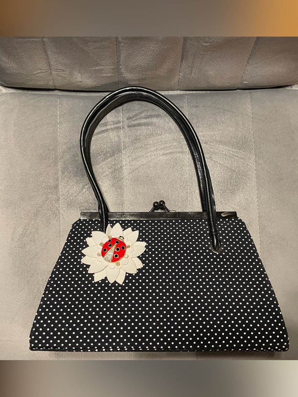 Ramon Tenza Black Polka Dot Women’s Handbag with Red Ladybug Accent